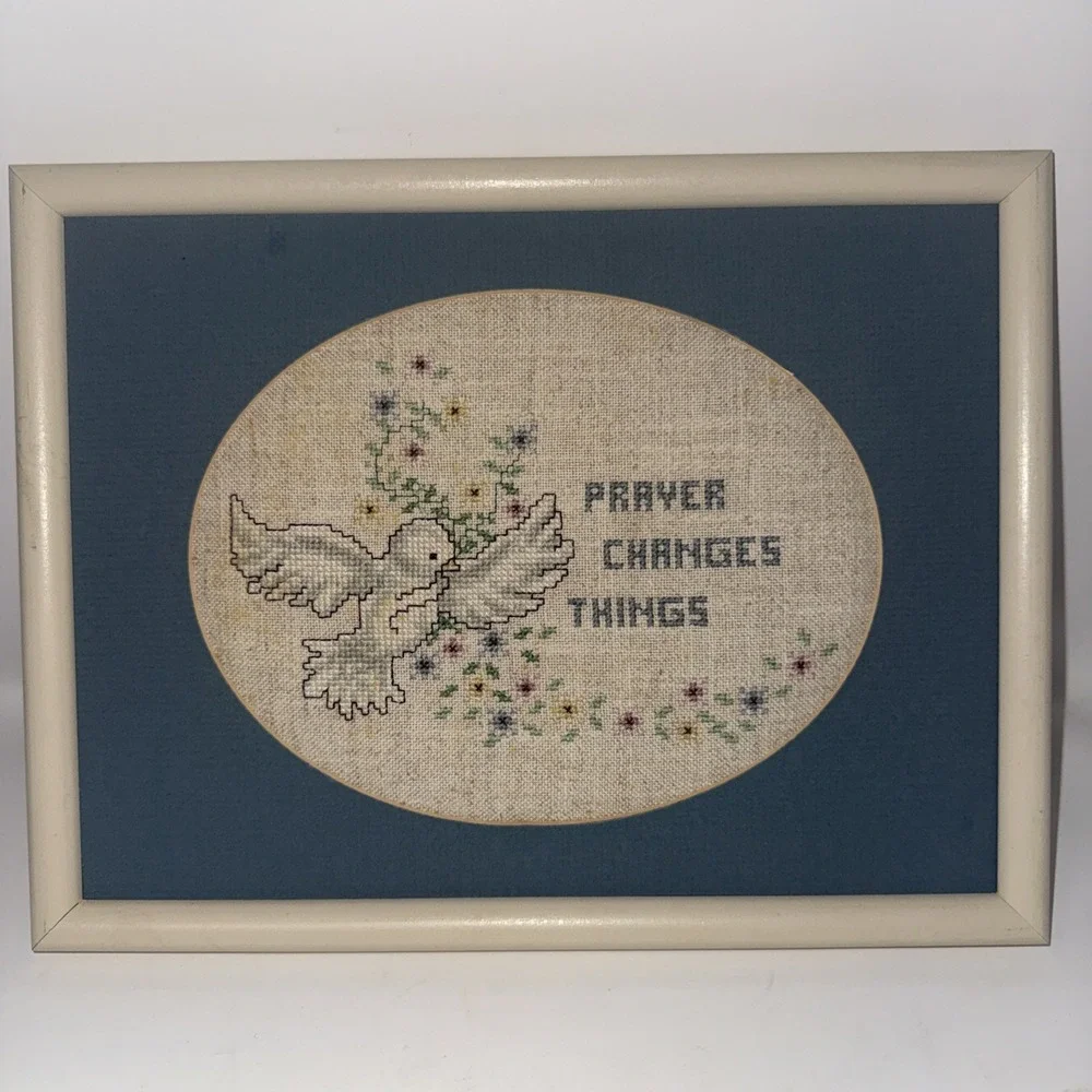 Vintage Needlepoint Picture 10x13 White Framed Matted Dove Prayer No Glass